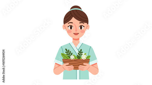 Young woman in spa robe and towel on head holding skincare products for beauty and wellness routine