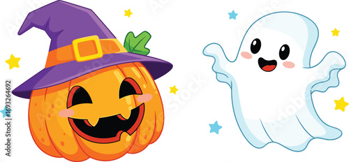 Smiling jack-o’-lantern pumpkin in witch hat, cheerful ghost with stars, festive Halloween vector art, playful seasonal holiday illustration, cute autumn cartoon design