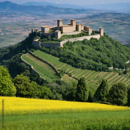 Vista di Rocca Priora, grazioso borgo dei Castelli Romani situato nell'area dei Colli Albani famoso per il suo castello ottocentesco, edificato sui ruderi di precedenti costruzioni.