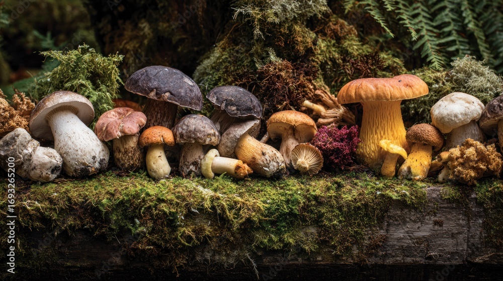Obraz premium Variety of mushrooms on mossy ground