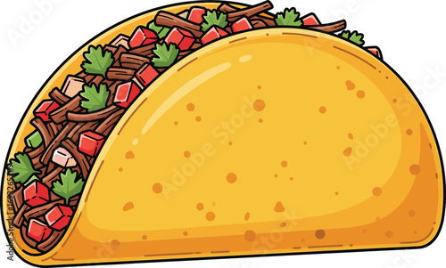 Cartoon taco illustration, Mexican food design with meat and vegetables, delicious snack concept, vector art, cad drawing flat vector illustration