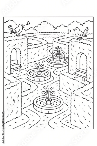Garden Maze with Fountains Coloring Page