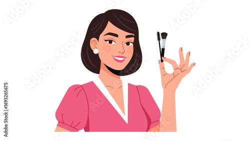 A stylish young woman with dark hair and a confident expression holds makeup brushes ready for application