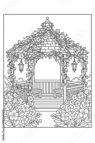 greenhouse, garden, plants, path, tropical, palms, ferns, walkway, door, glass, dome, structure, architecture, nature, outdoor, scenery, illustration, lineart, coloring, page, kids, simple, relaxing, 