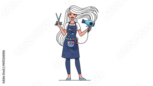 Young woman with short brown hair styling her hair with a curling iron wearing a white shirt and dark apron on a white background