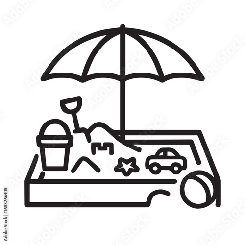 Illustration of a sandbox with toys and an umbrella isolated on white background