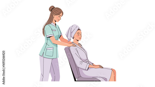 Young woman with pink sheet mask on face and towel on head holding a beauty serum bottle for skincare routine