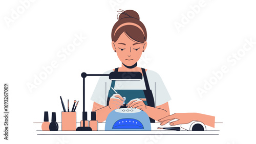 Young woman focused on applying nail polish to her fingernails under a desk lamp with a uv lamp and nail polish bottles nearby