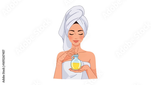 Stylish woman with a golden sheet mask and towel wrapped around her head enjoying a luxurious spa treatment at home