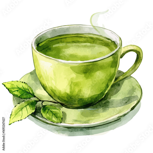Green Tea, watercolor illustration vector, isolated on a white background.