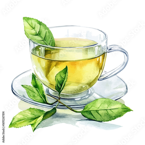 Green Tea, watercolor clipart vector, isolated on a white background.