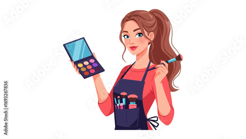 Cute anime girl with short pink hair wearing an apron holding a lipstick and makeup brushes ready for a beauty transformation