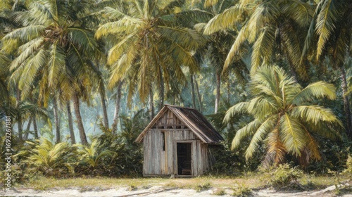 Wooden hut amidst lush palm trees