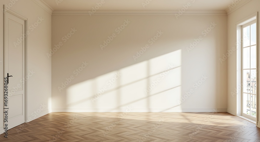 Fototapeta premium Minimalist and Empty room, wall, window, parquet style, interior concept, area for furniture sofa table carpet decoration.