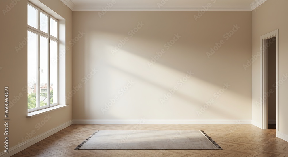 Fototapeta premium Creative take on Empty room, wall, window, parquet style, interior concept, area for furniture sofa table carpet decoration.