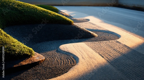 Zen garden design with soft sunlight