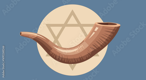 Illustration of a shofar horn, a traditional Jewish instrument, set against a Star of David.