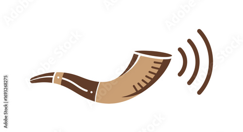 A stylized illustration of a shofar, depicted with sound waves emanating from its opening.