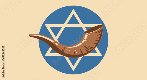 Illustration depicting a shofar horn and Star of David, symbols of Judaism, on a beige background.