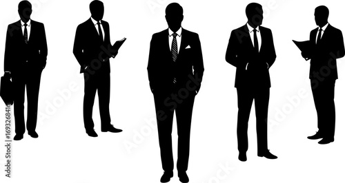 Business People with Hands in Pockets Silhouettes. Vector Illustration of Elegant Men in Suits and Ties, Managers, Yuppie Businessmen and Client Meeting Scenes