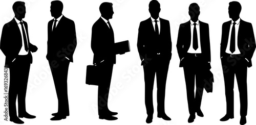 Business People with Hands in Pockets Silhouettes. Vector Illustration of Elegant Men in Suits and Ties, Managers, Yuppie Businessmen and Client Meeting Scenes
