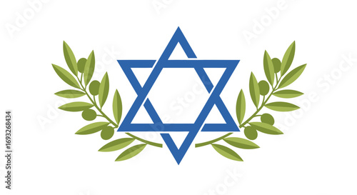 A blue Star of David, a symbol of Judaism and Israel, is framed by two green olive branches which represent peace.