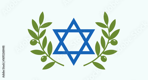 A blue Star of David, the symbol of Judaism, is centrally placed between two green olive branches representing peace.