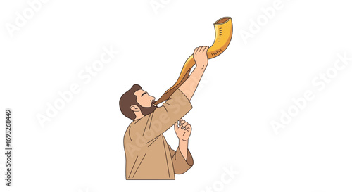 An illustration of a bearded man in a tunic blowing a large golden shofar horn upwards.