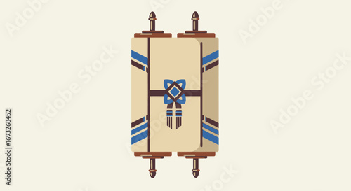 An illustrated Jewish Torah scroll, rolled and bound with a decorative blue and brown mantle.