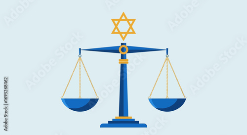 Blue scales of justice perfectly balanced with a golden Star of David on top, symbolizing Jewish law.