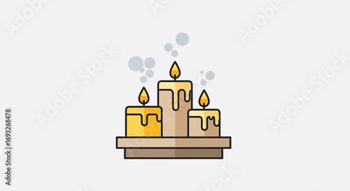 An illustration of three lit candles of different sizes melting on a wooden holder.