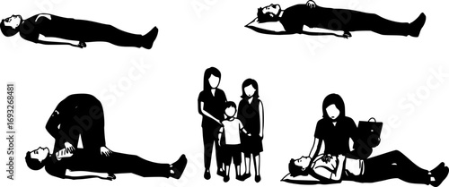 Unconscious Injured Man Lying Down Vector Silhouette. Traffic Accident Victim Needing First Aid and Emergency Medical Help Illustration