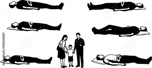 Unconscious Injured Man Lying Down Vector Silhouette. Traffic Accident Victim Needing First Aid and Emergency Medical Help Illustration
