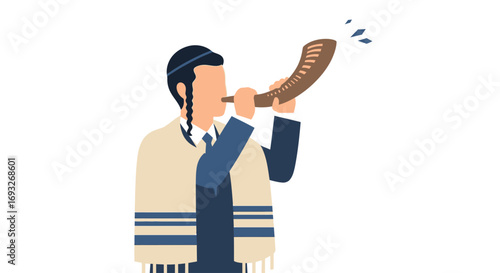 A person blowing a shofar, wearing traditional religious attire, celebrating a holiday.