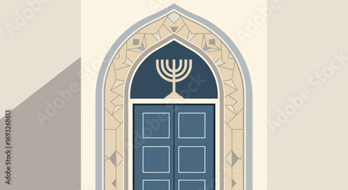 An illustration of a blue door with a decorative archway and a menorah symbol.
