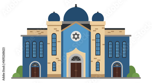 A stylized illustration of a synagogue with a Star of David, featuring blue domes and architectural details.