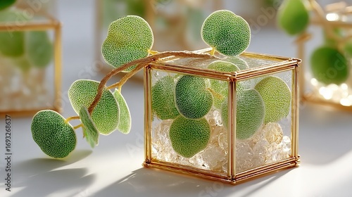 Small plants in geometric glass containers with decorative stones on a white surface.