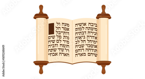 A cartoon illustration of a Torah scroll, open to display Hebrew text, isolated on white.