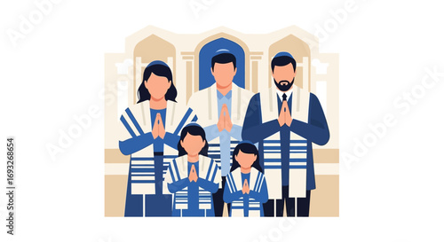A Jewish family wearing tallit prayer shawls stands together with hands clasped in prayer inside a synagogue.