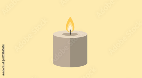 A single, lit, cylindrical candle with a bright yellow flame against a pale yellow background.