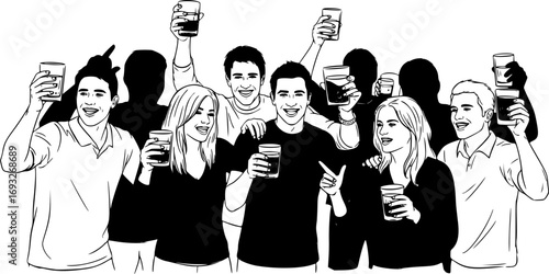Drunk Addict People Drinking Alcohol Vector Silhouette. Party Friends Celebrating Nightlife, Risk Behavior with Unconscious Man Passed Out