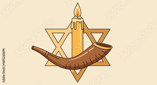 Illustration of a candle, shofar, and Star of David against a beige background, representing Jewish traditions and holidays.