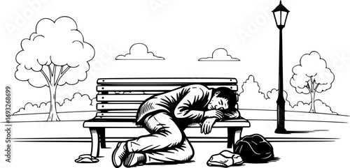 Homeless Man Sleeping on Street in Park Vector Silhouette. Migrant Resting on Ground, Refugee or Unconscious Collapsed Person Illustration