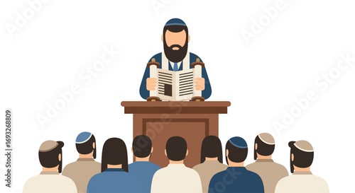A rabbi leads a Jewish congregation in Torah reading.
