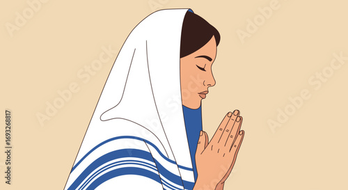 A serene illustration of Mother Teresa in prayer, hands clasped, eyes closed.