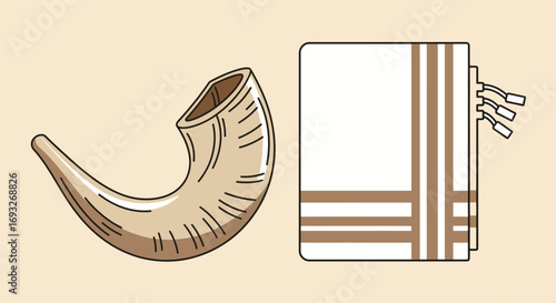 An illustration of a shofar and a folded tallit prayer shawl, significant symbols of Jewish holidays and worship.