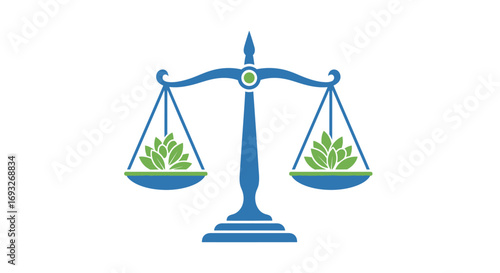 A blue balance scale holds green plants in its pans, symbolizing environmental justice and ecological equilibrium.