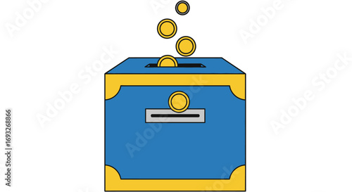 An illustration of golden coins being dropped into a blue and yellow collection box for charity or savings.