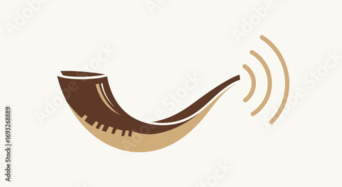 A stylized illustration of a Jewish shofar, a traditional ram's horn, emitting sound waves.