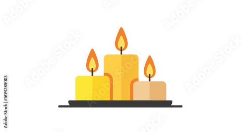 Illustration showing three lit candles with orange flames, standing on a black tray, isolated on white.